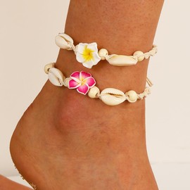 POYAMUSE 2pcs Hawaiian Plumeria Rubra Anklet Bracelet Set – Tropical Flower Shell Jewelry for Beach, Luau, Summer Wear, Adjustable-2pcs