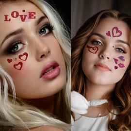 3 Sheets Valentine's Day Love Heart Lips Shiny Rhinestone Gem Makeup Tattoo Stickers Glitter Crystals Drill Fake Tattoo Party Festival Decorations
