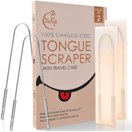 TRU LIFE Trulife Raspador De Lengua Limpiador De Lengua De Acero Inoxidable De Grado Quirúrgico (2 Unidades), Reduce El Mal Aliento (Fundas De Viaje Incluidas), Limpiador De Lengua De Metal,