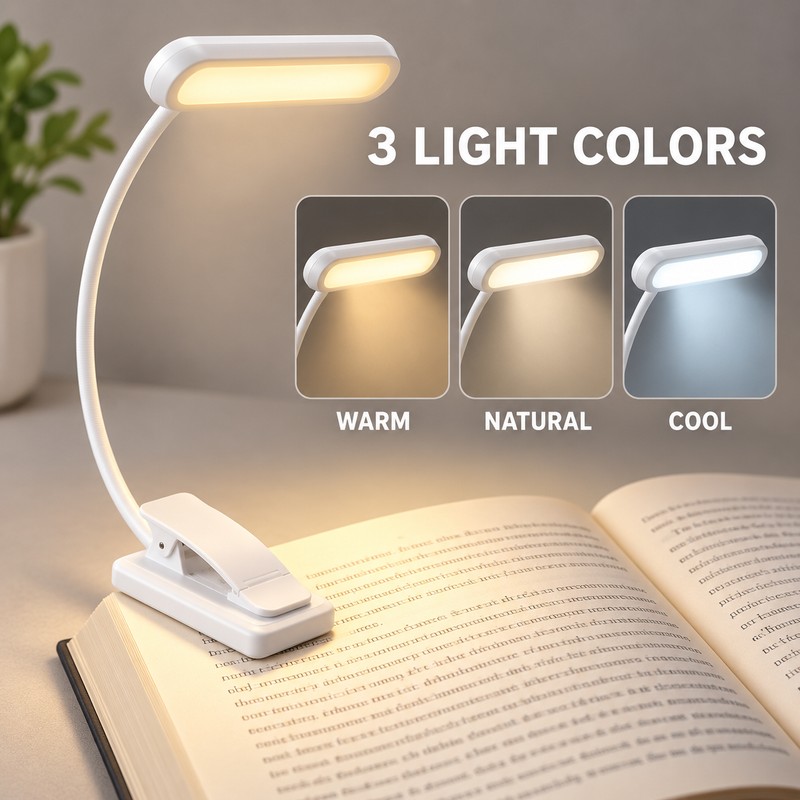 USB Rechargeable Clip-On Book Light, 12 LED, 3 Color Modes,
