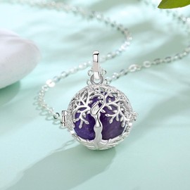 INFUSEU Tree of Life Necklace Amethyst Crystal Jewelry for Women Healing Purple Stone Pendant Positive Energy Protection Mood Rock Holder Cage Spiritual Gifts