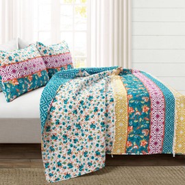 Lush Decor Emily Boho Stripe Reversible 3 Piece Quilt Set, King, Turquoise