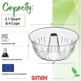 Simax Clear Glass Fluted Bundt Cake Pan | Heat, Cold, and Shock Proof, 2.1 Quart (8.4 Cups), Made in Europe, Great for Ring Cakes, Puddings, Desserts, Monkey Bread, and More, Dishwasher Safe