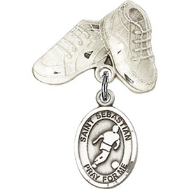Sterling Silver Baby Badge with St. Sebastian/Soccer Charm and Baby Boots Pin 1 X 5/8 inches