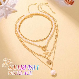 Fashband Boho Seestern-Halskette mit mehreren Perlen, Muschel-Halsketten, Strand-Halsketten für Damen