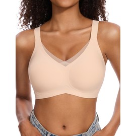 Vinfact Womens V Lace Wireless Seamless Bras No Underwire Comfort Push Up Bras Supportive Full Coverage Bralettes T Shirt Bra, Nude, L