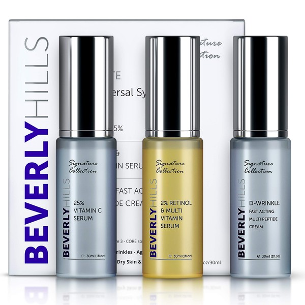 BEVERLY HILLS Anti Aging Skin Care Set - Retinol Serum (2%), Vitamin C Serum for Face (25%), and Anti Wrinkle Cream | Face Care Set for Skin Hydration and Reducing Dark Spots, 30mL ea (60 Day Supply)