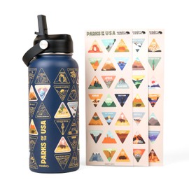 Wondery Original National Parks of the USA Bucket List Travel Water Bottle with Waterproof Stickers and Straw | Ocean 32 oz Screen Printed | Insulated Stainless Steel Vacuum Sealed | Leak Proof