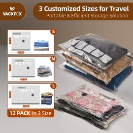 VACKFOX 12 Pack Travel Vacuum Bags for Clothing,Compression Seal Packing Cubes for Suitcase Backpack,Vacuum Seal Bags for Clothing,Carry-on Size Space Saver Storage Bags 80% for Travel & Home（No pump）