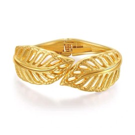 Hollow Leaf Wrap Hinged Statement Bangle Bracelet for Women Modern Wide Chunky Gold Leaves Open Cuff Bracelets Trendy Thick Arm Wrist Bridal Wedding Party Holiday Boho Fashion Jewelry