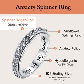 Teioa Sunflower Anxiety Relive Spinner Rings Sterling Silver Fidget Rings You Are My Sunshine Worry Stress Relieving Boredom ADHD Autism Ring for Women (5)