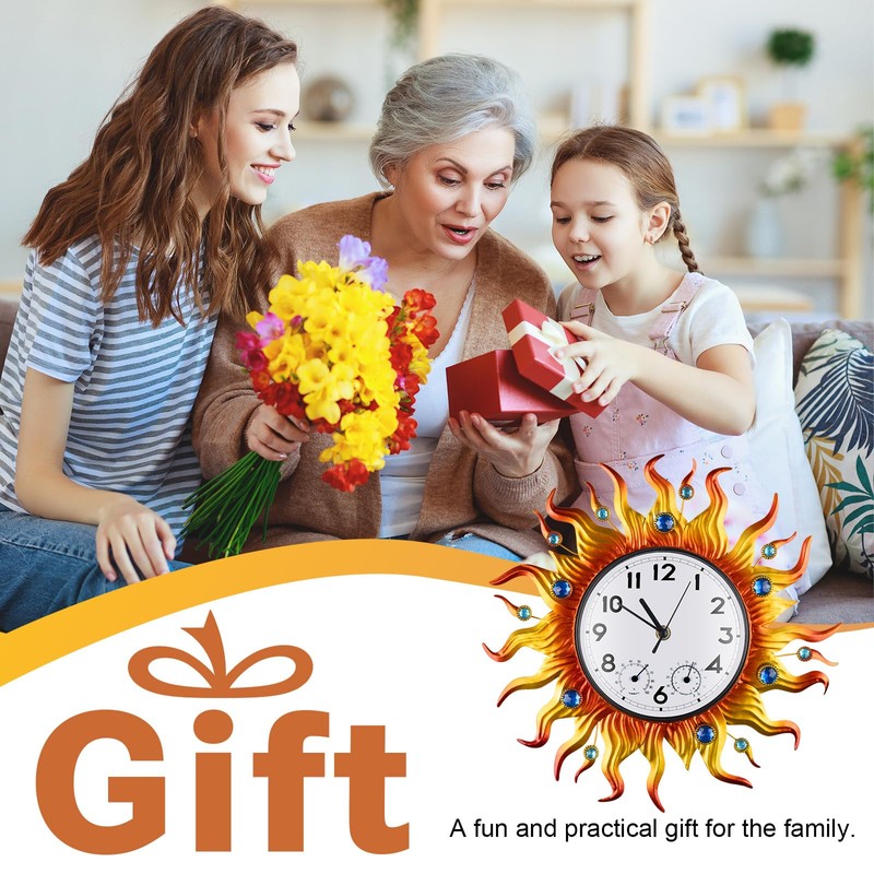 Outdoor Clock Thermometer Combo, Sun Outdoor Wall Clock, Silent Non-Ticking