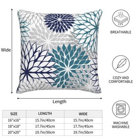 Navy Blue and Teal Gray Dahlia Throw Pillow Covers 18x18 Inch Spring Summer Outdoor Geometric Flower Decorative Pillows Cover Set of 2 Modern Farmhouse Linen Pillowcase for Bed Couch Sofa Decor