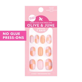 Olive & June Classic Super Stick Mani Press On Nails | Short Round | No Glue Needed | 32 Tab Nails in 16 Sizes | Non-Toxic Tabs | Easy On-Off Non-Damaging | Realest Look | 7-Day Wear| Sherbert Checker