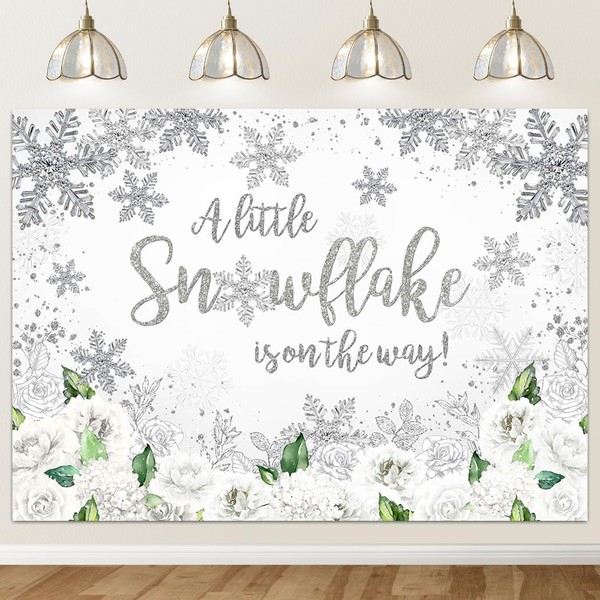 Avezano Snowflake Baby Shower Gender Neutral Backdrop White Silver A