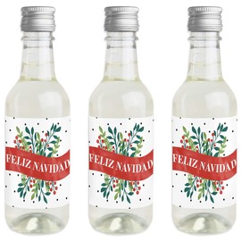 Big Dot of Happiness Feliz Navidad - Mini Wine and Champagne Bottle Label Stickers - Holiday and Spanish Christmas Party Favor Gift for Women and Men - Set of 16
