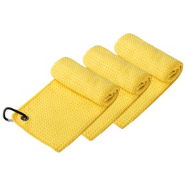 Handy Picks Microfiber Golf Towel (16" X 16") with Carabiner Clip, Waffle Pattern Golf Towel Hook and Loop Fastener - The Convenient Golf Cleaning Towel Yellow