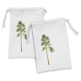 Ambesonne Tree Fabric Pouch Set of 2, Aquarelle Sketch of Wild Nature Forest Element Painting Long American Pine, Small Drawstring Bag for Toiletries Masks and Favors, 9" x 6", Pale Coffee Fern Green