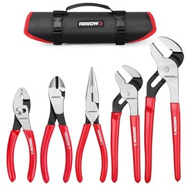 ARROW 5PCS Pliers Set, 6" Slip Joint, 7" Diagonal, 8" Needle Nose Pliers, 8"&10" Groove Joint with Non-slip Handle, Portable Rolling Bag With Handle, Premium Carbon Steel