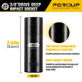 PGROUP 3/8” Drive Deep Impact Socket, SAE(13/16 Inch socket), 6-Point, Cr-V Steel With Black Manganese Phosphate Coating