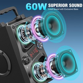 Bluetooth Speaker, 60W(Peak) Wireless Portable Small Home Party Speakers with Double Subwoofer Deep Bass, Radio, Lights, 80dB Loud Stereo Sound Boombox for Outdoor Camping Gifts