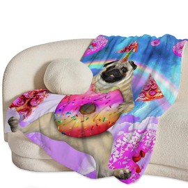 Pug Blanket Funny Pug Gifts for Girls Boys Woman Kids Doughnut Pizza Lover Dog Throw Blankets Soft Blanket Warm Fleece Flannel Plush Blankets for Bed Sofa Couch 40"x50"