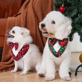 Cyeollo 2 Pack Christmas Dog Tuxedo Bandana & Outfit - Red Plaid with Bow Tie for Small Dogs
