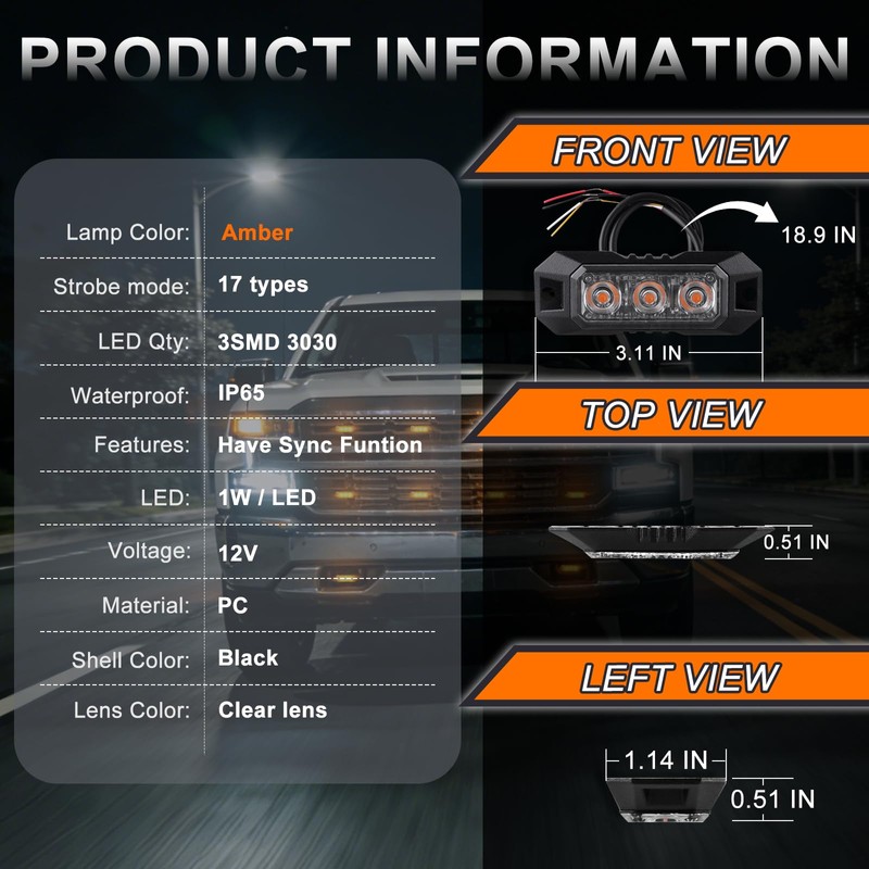 GZLDZN Amber LED Strobe Lights for Trucks Vehicle Emergency Flashing