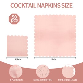 50Pcs Cocktail Napkin, Scalloped Edged Dessert Napkins Disposable Napkins Square Cocktail Napkins for Dinner Wedding Birthday Party Bridal Anniversary Reception Event (Light Pink)