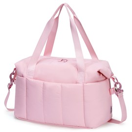 Narwey Puffer Gym Bag for Women Girls, Weekender Duffle Bag for Travel with Wet Pocket, Carry on Personal Item Travel Bag, Puffy Overnight Duffel Bag, Hospital Bag for Labor and Delivery (Pink)