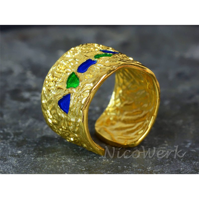 NicoWerk SRI656 Women's Rustic 925 Sterling Silver Wide Golden Mosaic