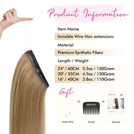 REECHO Invisible Wire Hair Extensions with Transparent Headband Adjustable Size Removable Secure Clips in Straight Secret Hairpiece for Women - 16 Inch,Light Brown with Highlights