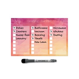 Dry Erase Cleaning Checklist Sticker Decal Planner by Glassboard Studio | Removable & Reusable | Magnetic Fine-Tip Dry Erase Marker Included (6 x 9 inches, Peony)
