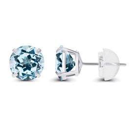 Genuine 10K Solid White Gold 6mm Round Natural Sky Blue Topaz December Birthstone Stud Earrings