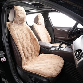 2pcs Luxury Thickened Plush Car Seat Cushion Set,Soft Fluffy Protector Warm Faux Rabbit Fur Non-Slip Front Seat Covers for SUVs, Saloons and Trucks Accessories (Beige)