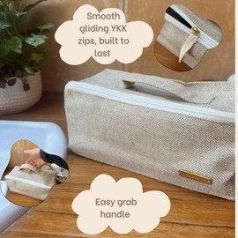 Travel Makeup Bag | Flat Lay Toiletry Organiser | Compact Storage for Cosmetics and Toiletries | Jute and Cotton | Sustainable Alternative to Nylon | Beige | mika creations