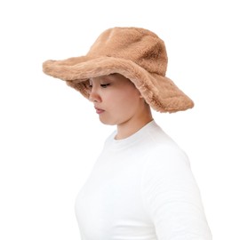 Lina & Lily Oversized Women's Winter Bucket Hat Faux Fur Wide Floppy Brim (Camel)