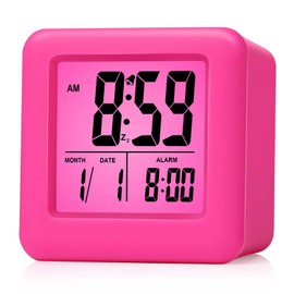 Plumeet Digital Kids Alarm Clock with Snooze and Nightlight - Easy Setting Silicone Clock Display Time, Date - Loud for Bedroom - Battery Powered (Pink)