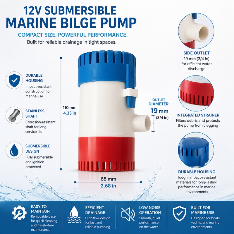 12V Submersible Bilge Pump for Boats – Compact Marine Water