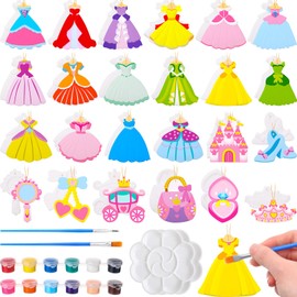 Seenelling 24 Set Princess Dress Ceramic to Paint Kits with Brush, Princess Ceramic Ornaments to Paint Unpainted DIY Arts Crafts Figurines for Baby Shower Girls Party Decor