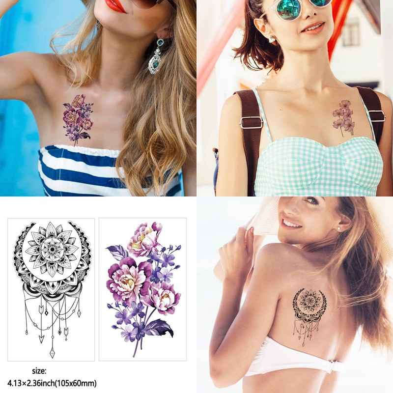 72 Sheets Temporary Tattoos for Women and Girls, Flower Tattoo