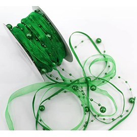 CaPiSo 10 m Ribbon 3-Piece with Organza and 4 mm Beads Decorative Ribbon Trendy Ribbon Pearl Ribbon Beads on Ribbon (Green)