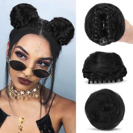 SOFEIYAN 2PCS Mini Claw Clip in Hair Bun Braid Messy Cat Ears Hair Bun Extension Synthetic Donut Wig Accessory Updo Space Bun Braid Hair Pieces for Women Girls, Off Black