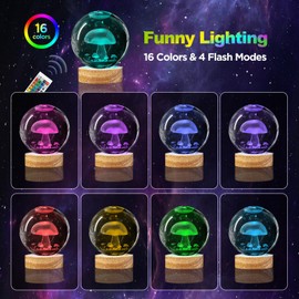 3D Mushroom Crystal Ball Night Light 3.15 inch Mushroom Glass Ball Lamp with 16 Color Changing Wooden Base and Remote Ideal Gifts for Kids Friends Birthday Christmas Cute Mushroom Room Table Decor