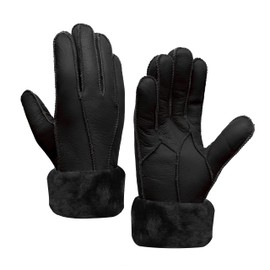 MGGMOKAY Women's Leather Sheepskin Gloves Shearling Warm Winter Gloves, black