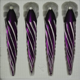 Lauschaer Glas Christmas Tree Decorations Icicle Thin Purple Matt with Decoration Pack of 4 Christmas Tree Decorations Mouth-Blown Hand Decorated