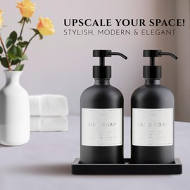 Glass Soap Dispenser Set of 2 (Black) with Silicone Tray | Hand and Dish Soap Dispenser for Kitchen and Bathroom | 16.8 Oz Glass Bottles with Stainless Steel Pump & 15 Waterproof Labels (Black)