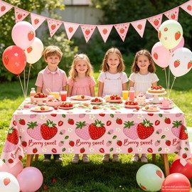 4 Pack Strawberry Tablecloth Berry Sweet One Disposable Table Cloth Pink Strawberry Birthday Party Decorations Fruit Theme Party Table Covers for Girls Berry Party Baby Shower Supplies 51X86IN