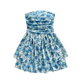 SHENHE Girl's Floral Tube Top Dress Strapless Layered Ruffle Hem Ruched Flowy Boho Sundress Blue 14Y