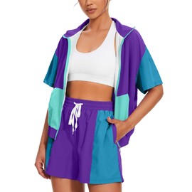 UOUA Women's 80s Color Block Outfits 2 Piece Tracksuit 90s Party Costume Summer Zip Up Windbreaker & Short Sets Neon Clothing PurplishBlue L